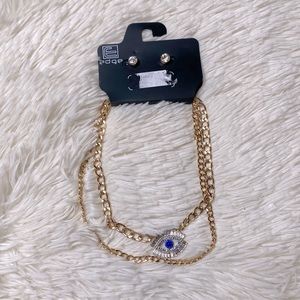 Edge Gold Chain Blue Seeing Eye Necklace Earring Set